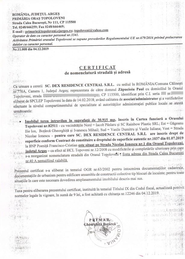 Certificat nomenclatura stradala
